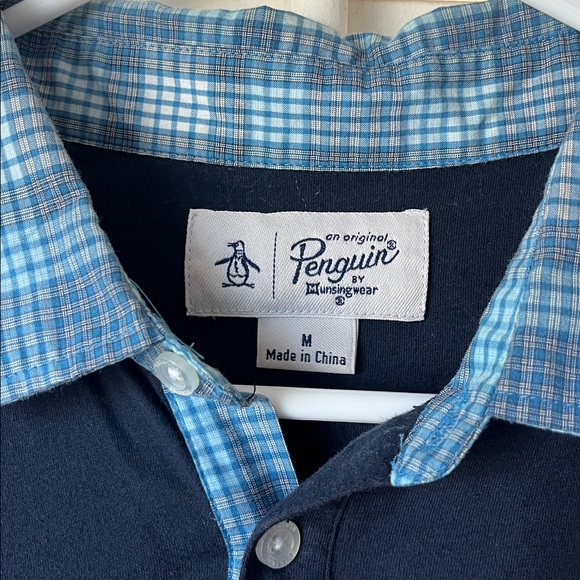 Original Penguin Men's Dark Blue Polo with Plaid Collar - Picture 2 of 4